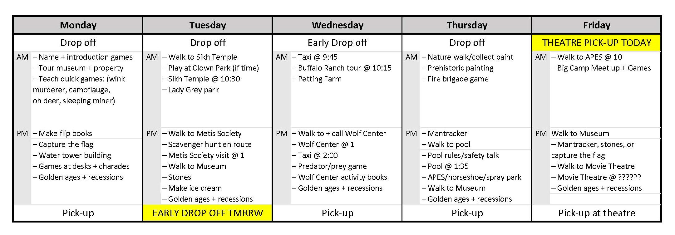 2024 Camp Schedule